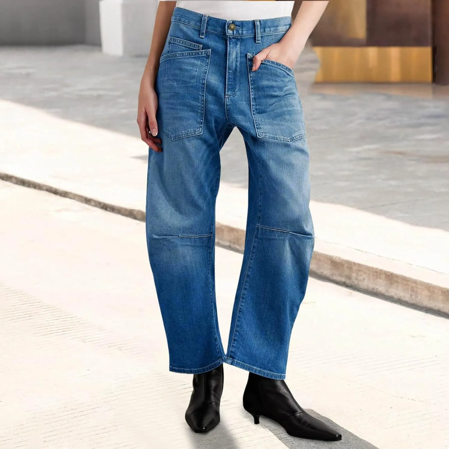 Womens Baggy Barrel Jeans High Waisted Wide Leg Vintage Cropped Denim Pants Boyfriend Jeans Trousers with Front Pockets