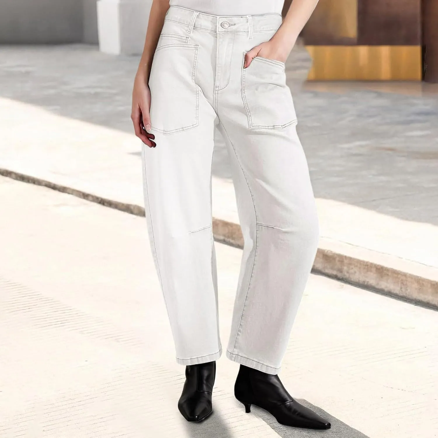 Womens Baggy Barrel Jeans High Waisted Wide Leg Vintage Cropped Denim Pants Boyfriend Jeans Trousers with Front Pockets
