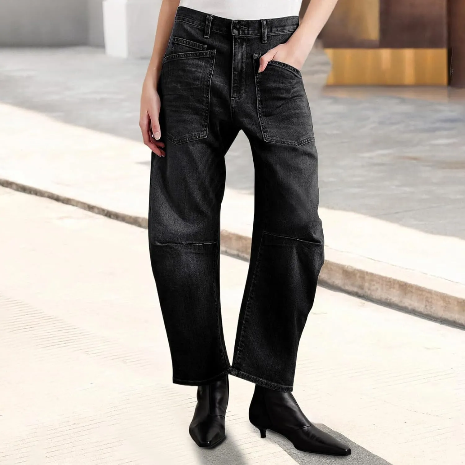 Womens Baggy Barrel Jeans High Waisted Wide Leg Vintage Cropped Denim Pants Boyfriend Jeans Trousers with Front Pockets