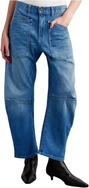 Womens Baggy Barrel Jeans High Waisted Wide Leg Vintage Cropped Denim Pants Boyfriend Jeans Trousers with Front Pockets
