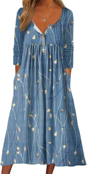 Women's Boho Floral Long Sleeve Midi Dress Casual Loose Flowy Vacation Dresses with Pockets