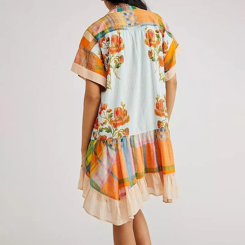 WomenS Boho Mini Dress Y2k Floral Deep V-Neck Puff Sleeve Short Dresses 2025 Women Deep V-Neck Floral Mini Dress
