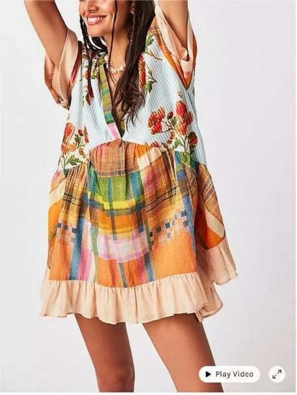 WomenS Boho Mini Dress Y2k Floral Deep V-Neck Puff Sleeve Short Dresses 2025 Women Deep V-Neck Floral Mini Dress