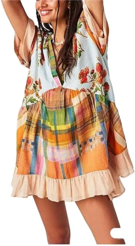 WomenS Boho Mini Dress Y2k Floral Deep V-Neck Puff Sleeve Short Dresses 2025 Women Deep V-Neck Floral Mini Dress