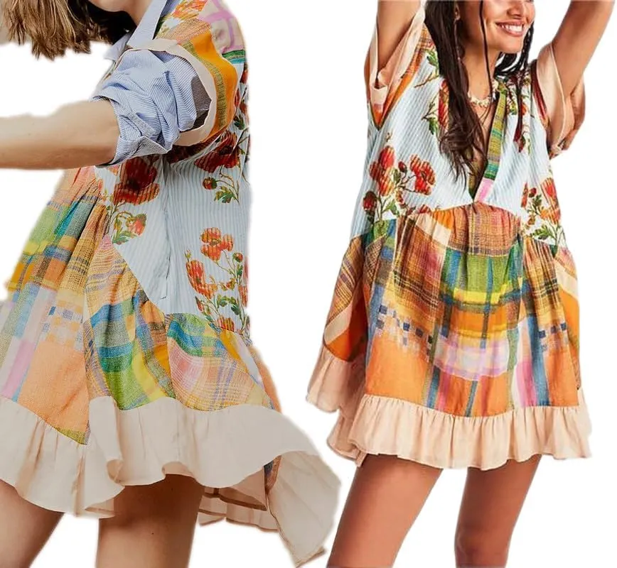 WomenS Boho Mini Dress Y2k Floral Deep V-Neck Puff Sleeve Short Dresses 2025 Women Deep V-Neck Floral Mini Dress