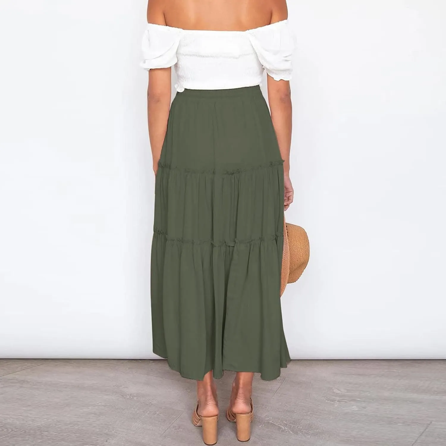 Womens Boho Pleated Ruched Ruffle Drawstring High Rise Maxi Skirt Skirts for Women Trendy High Waist Robe Flowy Dress