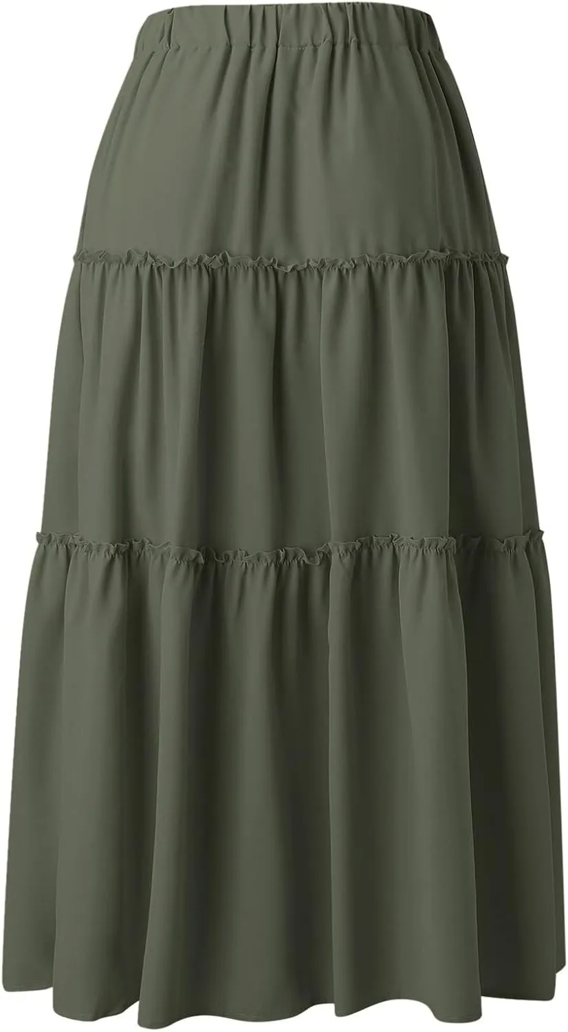 Womens Boho Pleated Ruched Ruffle Drawstring High Rise Maxi Skirt Skirts for Women Trendy High Waist Robe Flowy Dress