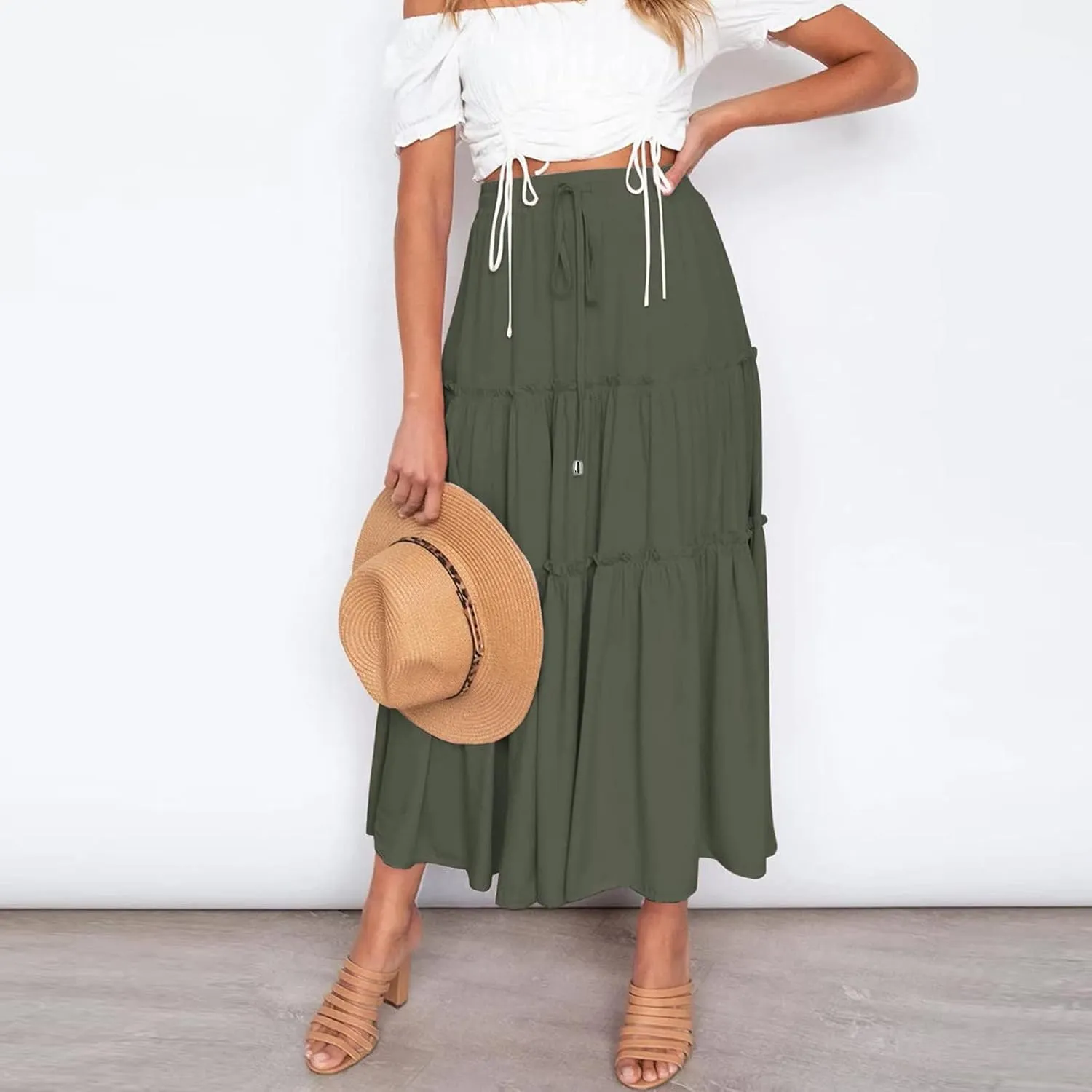 Womens Boho Pleated Ruched Ruffle Drawstring High Rise Maxi Skirt Skirts for Women Trendy High Waist Robe Flowy Dress