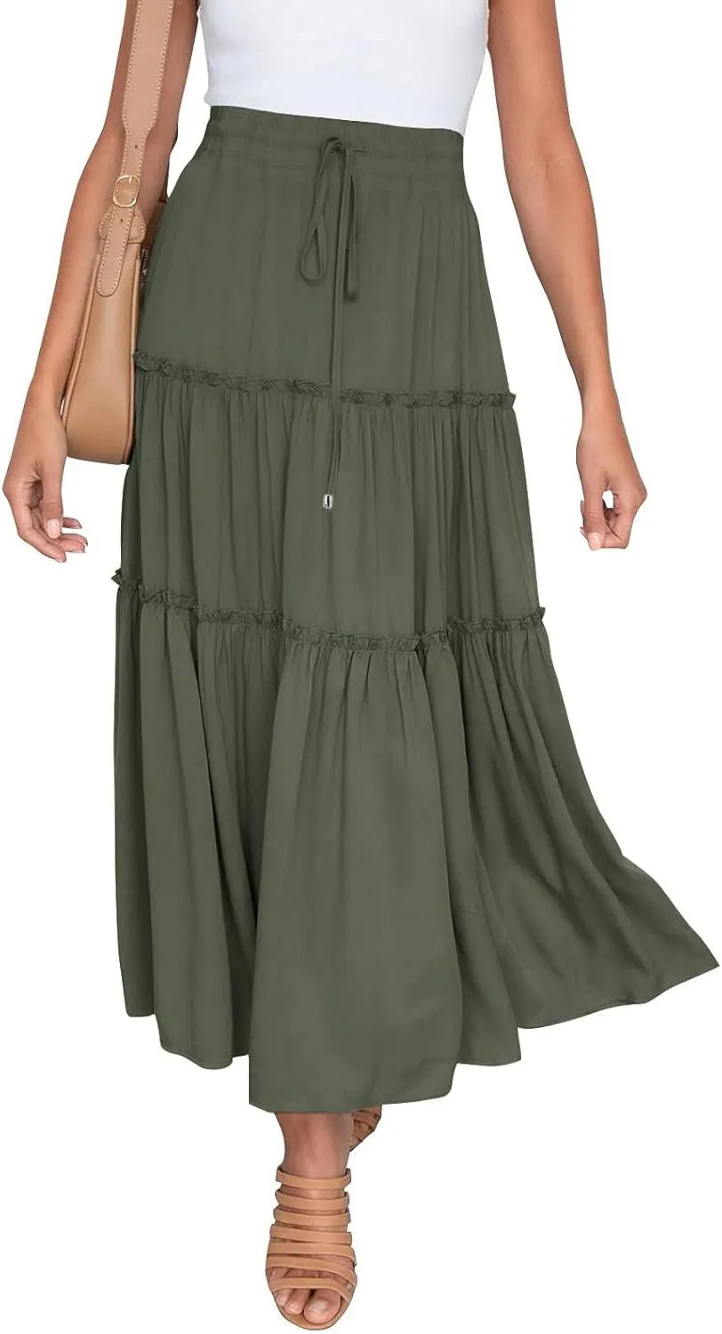 Womens Boho Pleated Ruched Ruffle Drawstring High Rise Maxi Skirt Skirts for Women Trendy High Waist Robe Flowy Dress