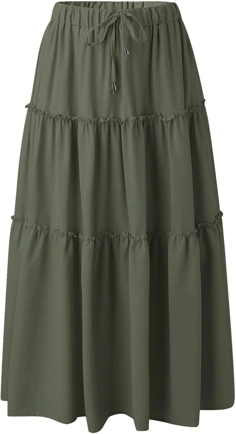 Womens Boho Pleated Ruched Ruffle Drawstring High Rise Maxi Skirt Skirts for Women Trendy High Waist Robe Flowy Dress