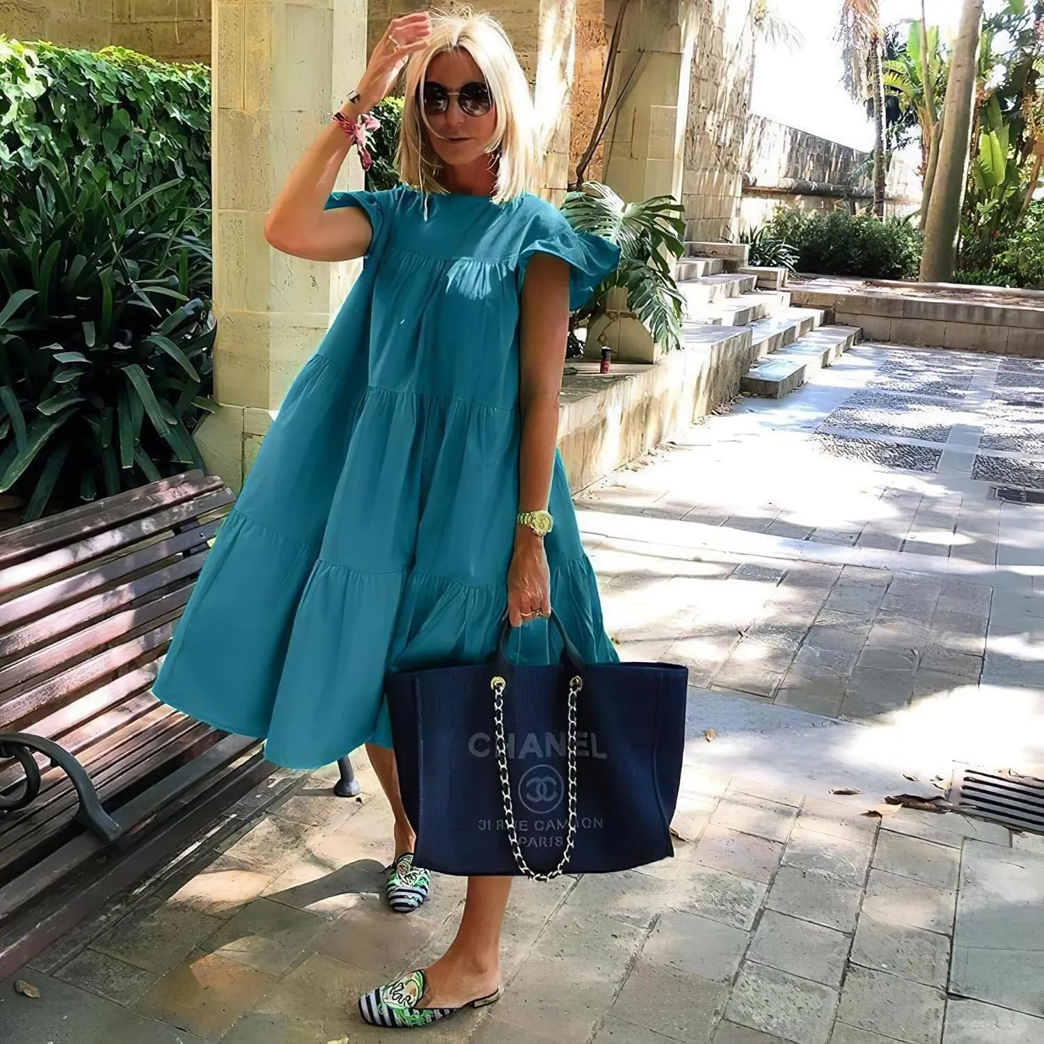 Women's Boho Ruffle Short Sleeve Spring Summer Midi Dress Casual Beach Vacation A-line Sundress for Women 2024