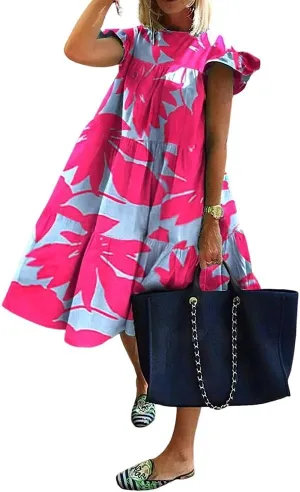 Women's Boho Ruffle Short Sleeve Spring Summer Midi Dress Casual Beach Vacation A-line Sundress for Women 2024