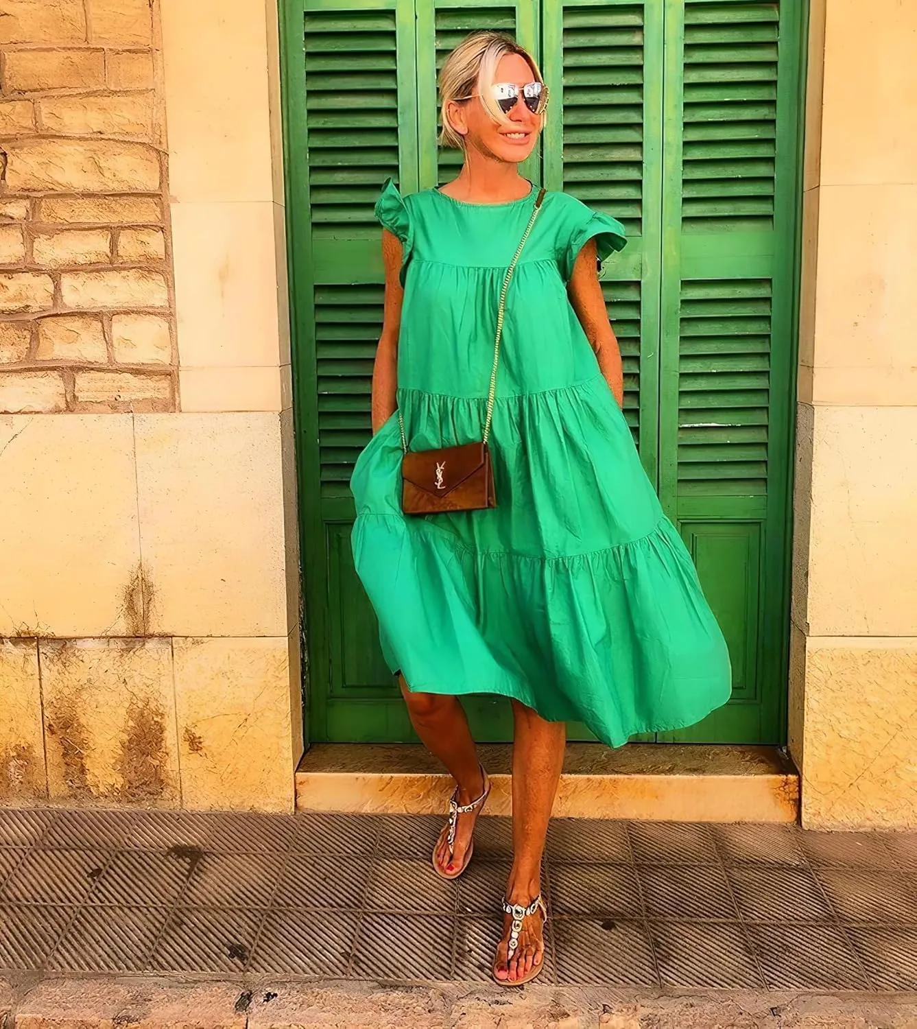 Women's Boho Ruffle Short Sleeve Spring Summer Midi Dress Casual Beach Vacation A-line Sundress for Women 2024