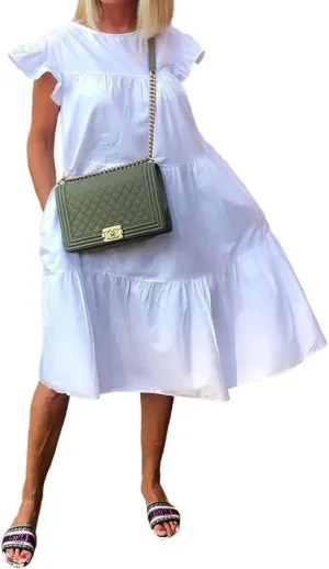 Women's Boho Ruffle Short Sleeve Spring Summer Midi Dress Casual Beach Vacation A-line Sundress for Women 2024