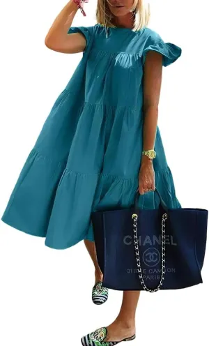 Women's Boho Ruffle Short Sleeve Spring Summer Midi Dress Casual Beach Vacation A-line Sundress for Women 2024