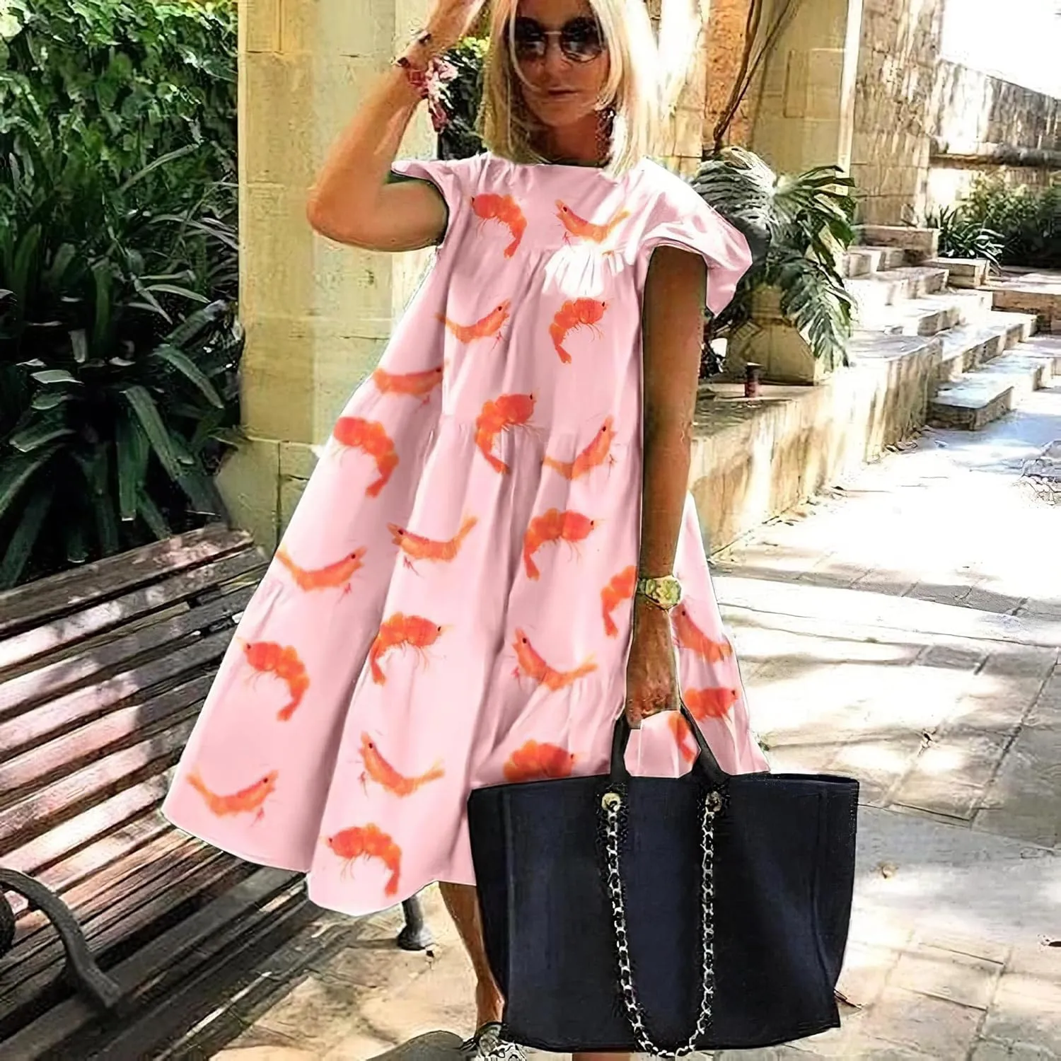 Women's Boho Ruffle Short Sleeve Spring Summer Midi Dress Casual Beach Vacation A-line Sundress for Women 2024
