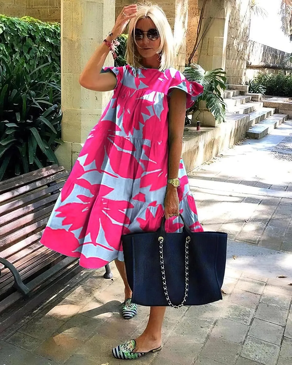 Women's Boho Ruffle Short Sleeve Spring Summer Midi Dress Casual Beach Vacation A-line Sundress for Women 2024
