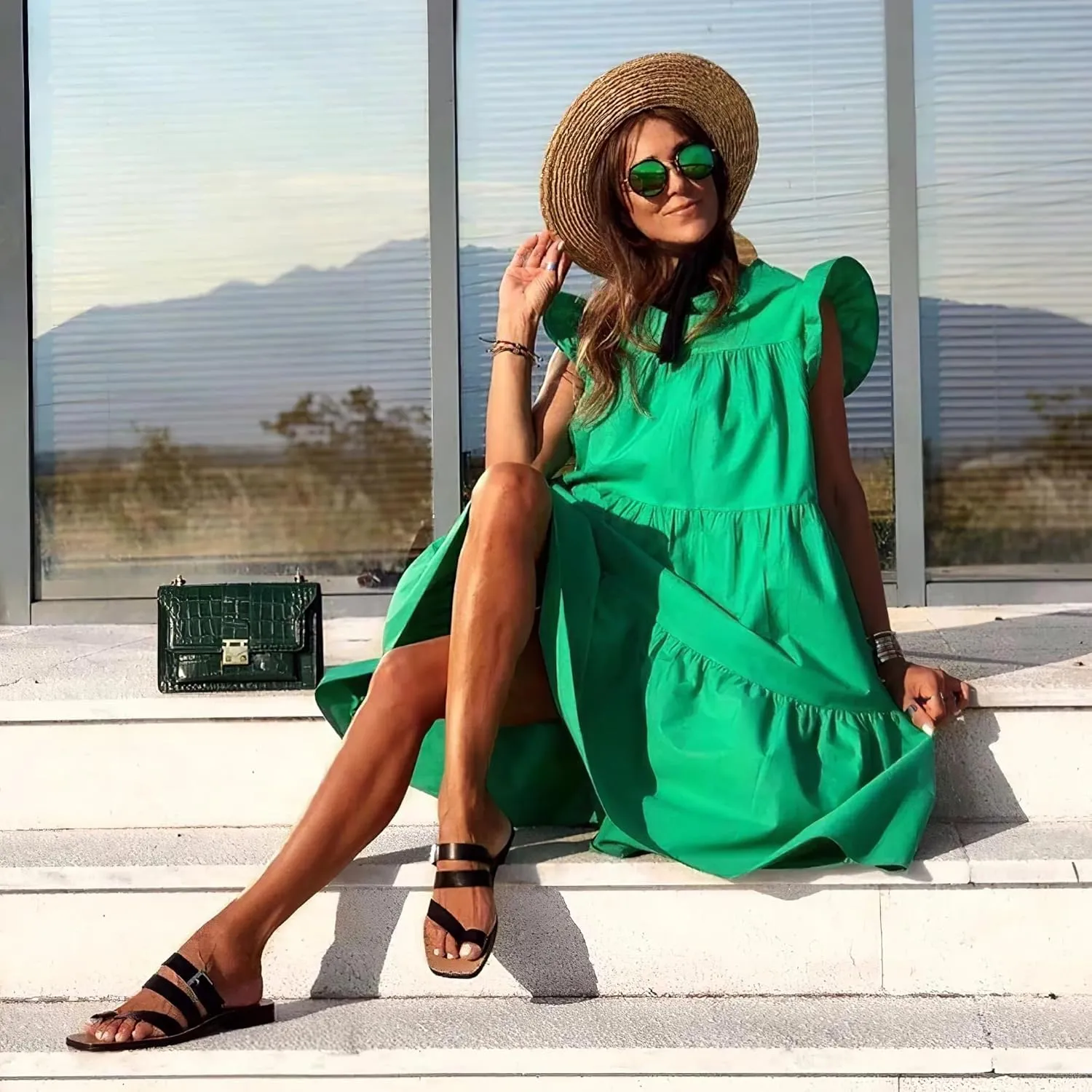 Women's Boho Ruffle Short Sleeve Spring Summer Midi Dress Casual Beach Vacation A-line Sundress for Women 2024