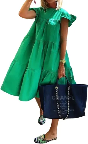 Women's Boho Ruffle Short Sleeve Spring Summer Midi Dress Casual Beach Vacation A-line Sundress for Women 2024