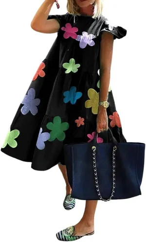 Women's Boho Ruffle Short Sleeve Spring Summer Midi Dress Casual Beach Vacation A-line Sundress for Women 2024