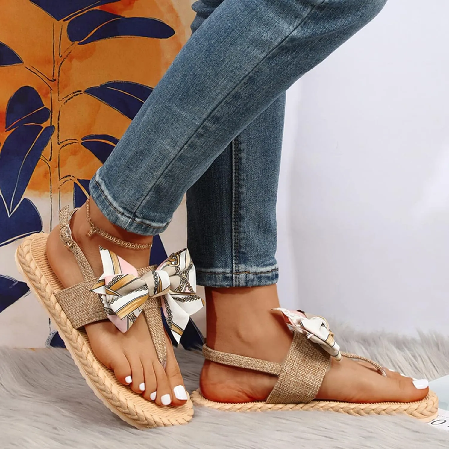 Women's Bow Pearl Open Toe Flip Flop Sandals Flat Thong Sandals Womens Sandals Shoes Walking Sandal Non Slip Casual Summer Beach Shoes Dress Women's Fashion Flip Flop Beach Comfort Anti Slip Sandal