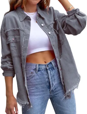 Women's Button Down Oversized Denim Jackets Ripped Frayed Shacket Jean Coat Distressed Shirts with Pockets