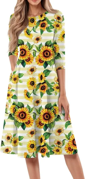 Women's Casual Dresses Summer Casual Loose Trendy 3/4 Sleeve Floral Stripe Printed Boho Dress Plus Size, S-3XL