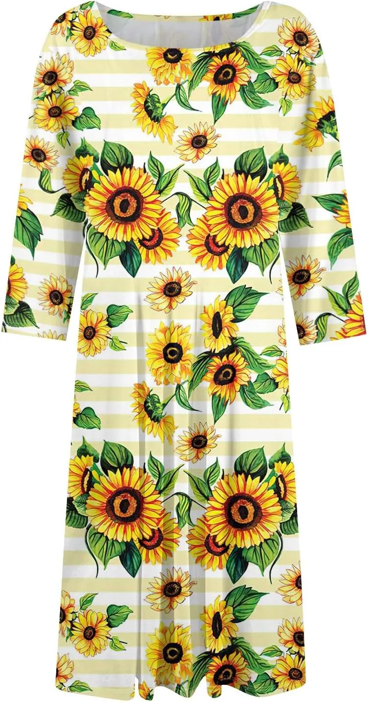 Women's Casual Dresses Summer Casual Loose Trendy 3/4 Sleeve Floral Stripe Printed Boho Dress Plus Size, S-3XL