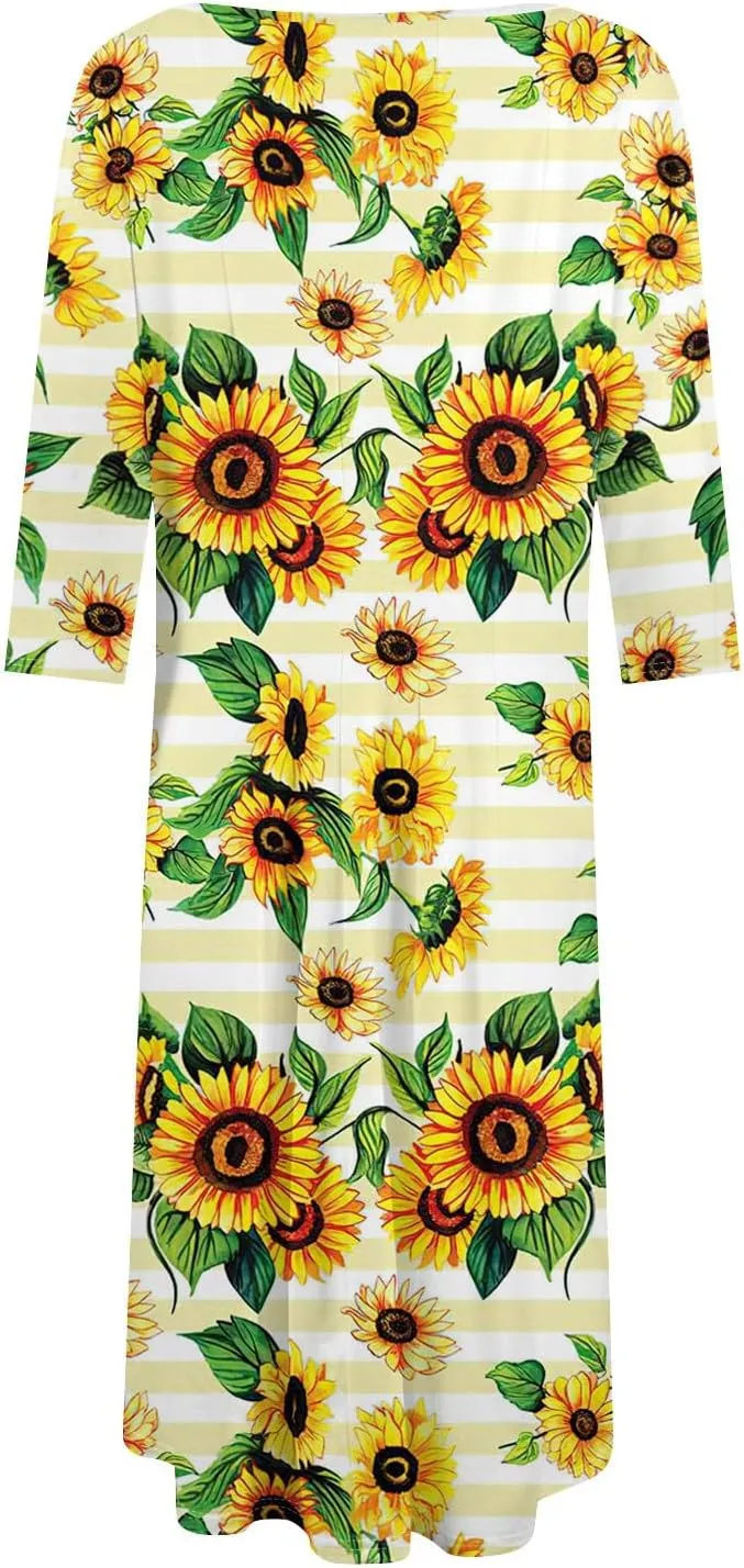 Women's Casual Dresses Summer Casual Loose Trendy 3/4 Sleeve Floral Stripe Printed Boho Dress Plus Size, S-3XL