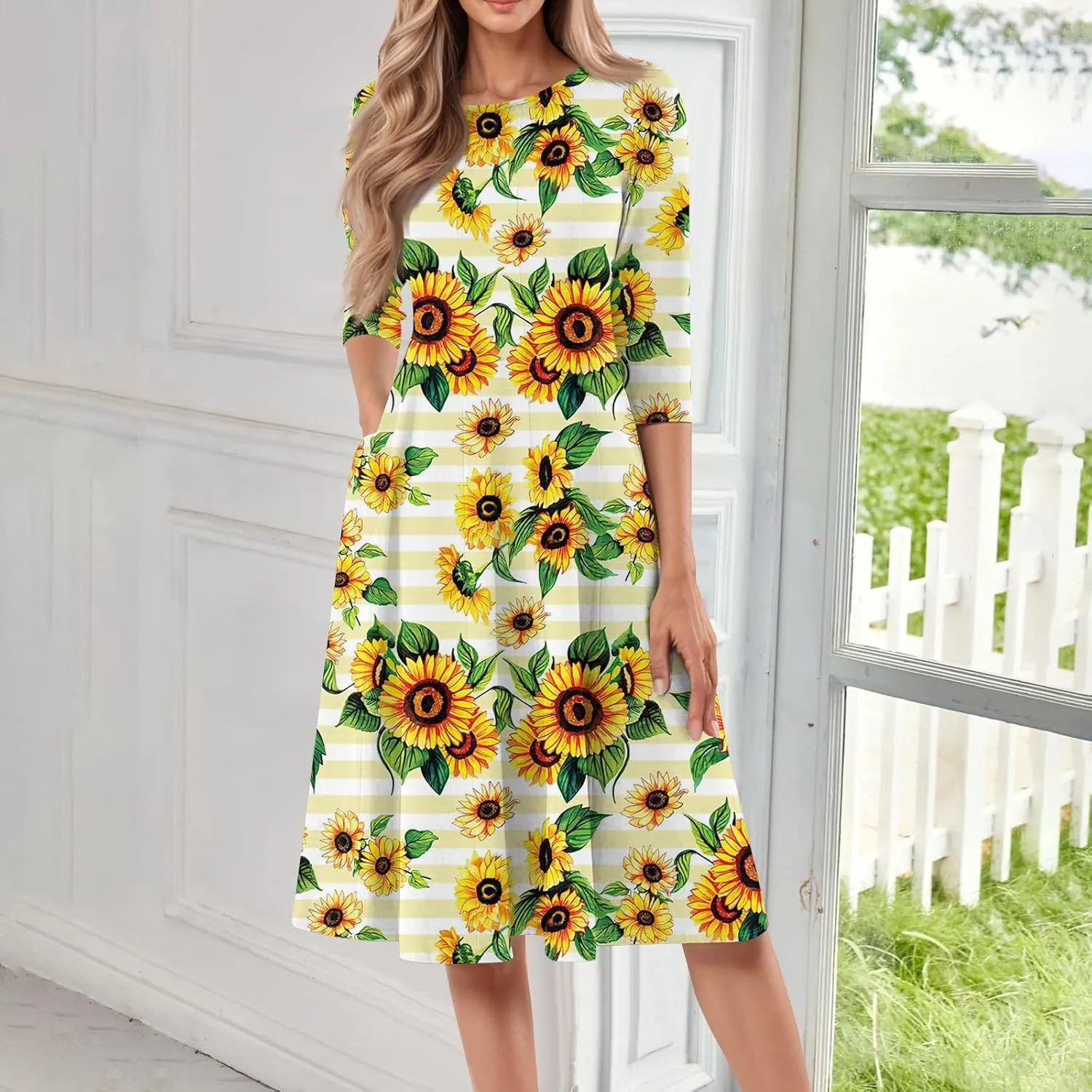 Women's Casual Dresses Summer Casual Loose Trendy 3/4 Sleeve Floral Stripe Printed Boho Dress Plus Size, S-3XL