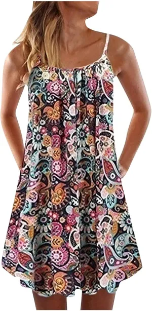 Women's Casual Dresses Summer Casual Trendy Dress Sleeveless Halter Floral Print Boho Midi Dresses Casual, XS-6XL