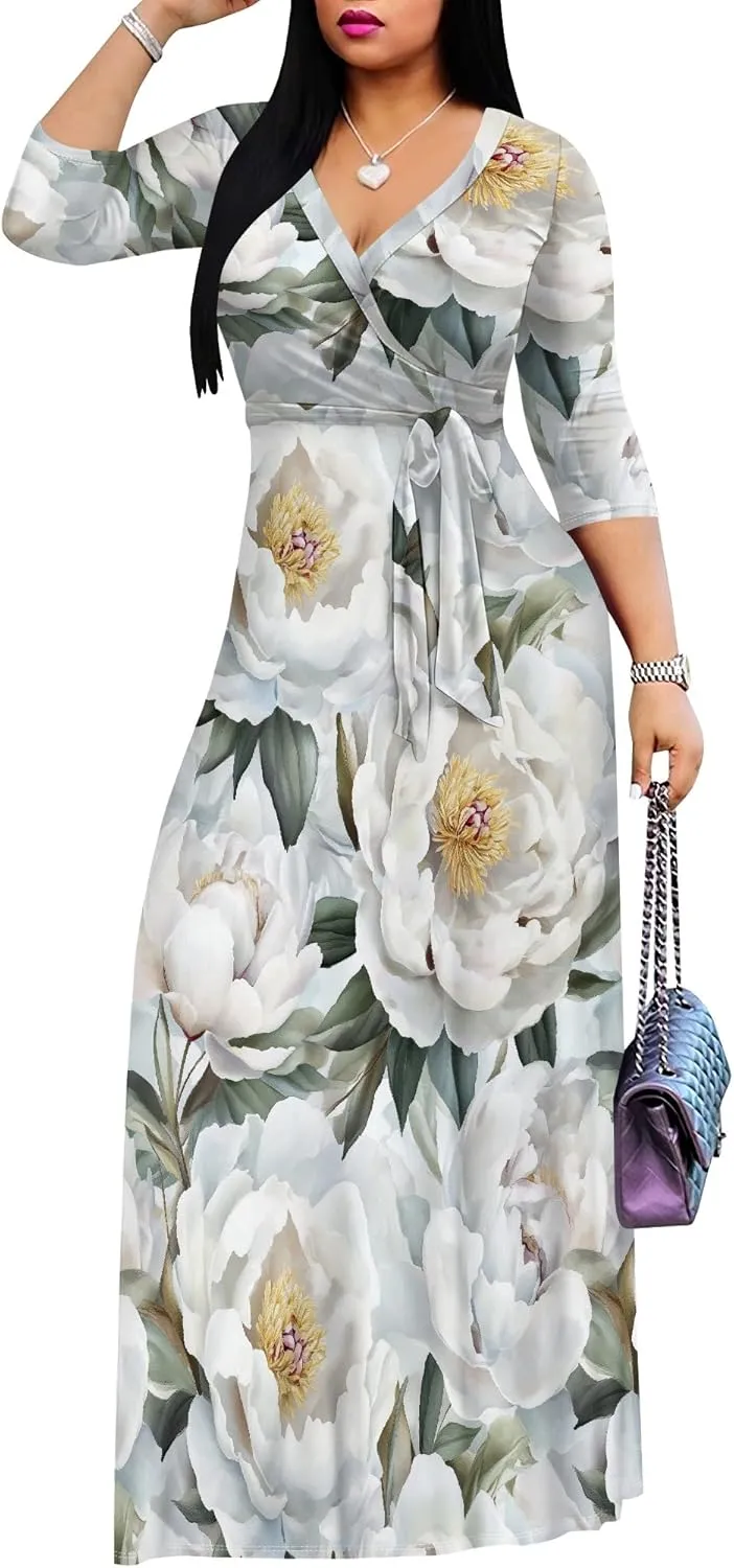 Women's Casual Floral Maxi Dresses V Neck 3/4 Sleeve Tie Waist Dress Summer Dresses for Women 2025