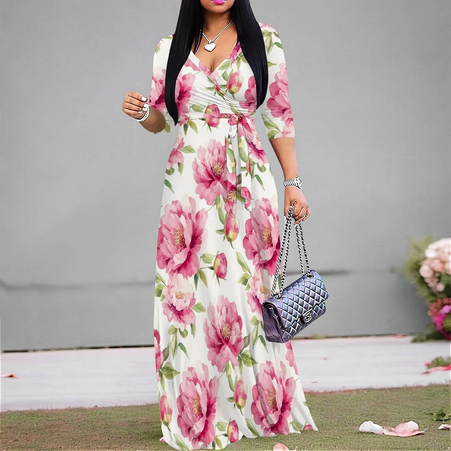 Women's Casual Floral Maxi Dresses V Neck 3/4 Sleeve Tie Waist Dress Summer Dresses for Women 2025