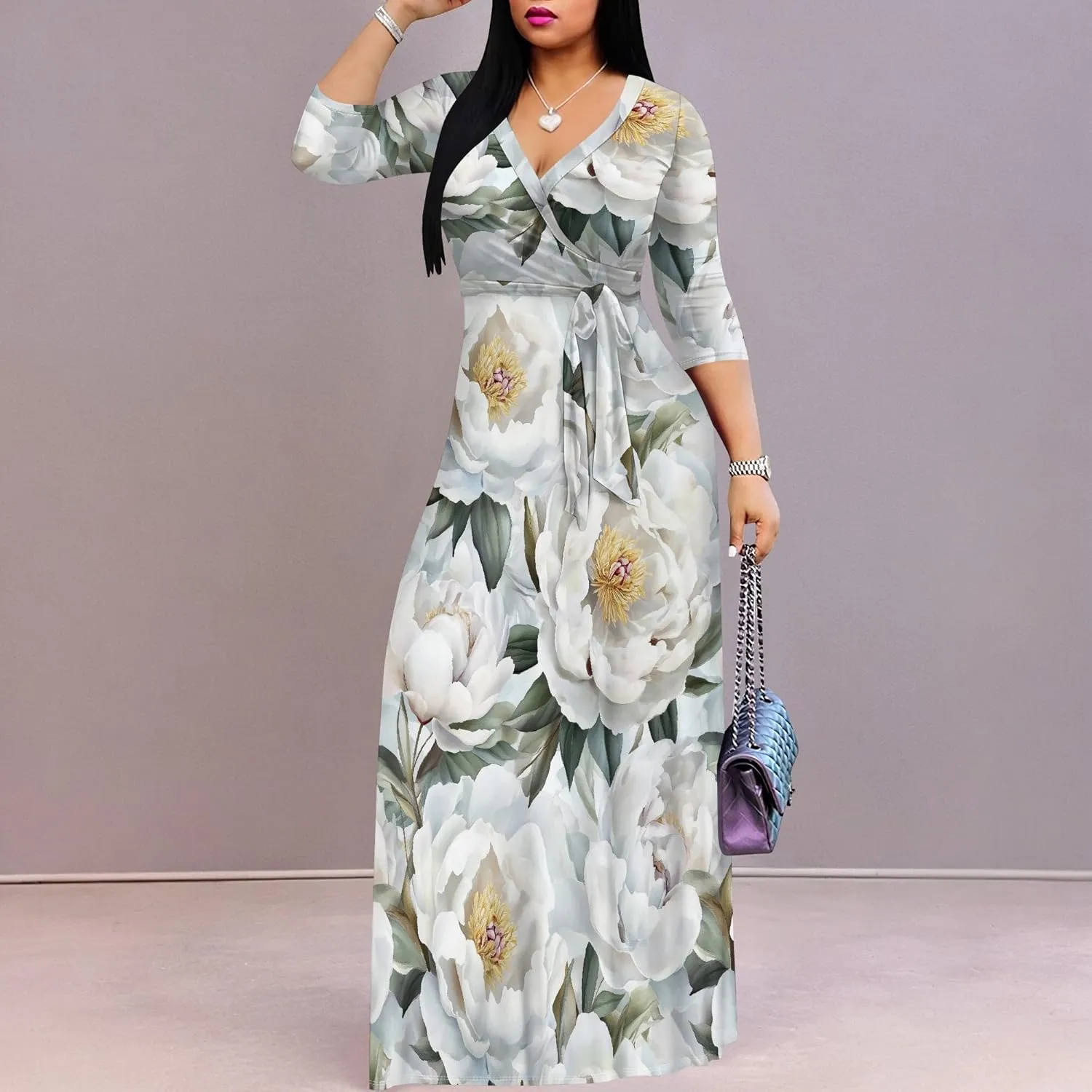 Women's Casual Floral Maxi Dresses V Neck 3/4 Sleeve Tie Waist Dress Summer Dresses for Women 2025