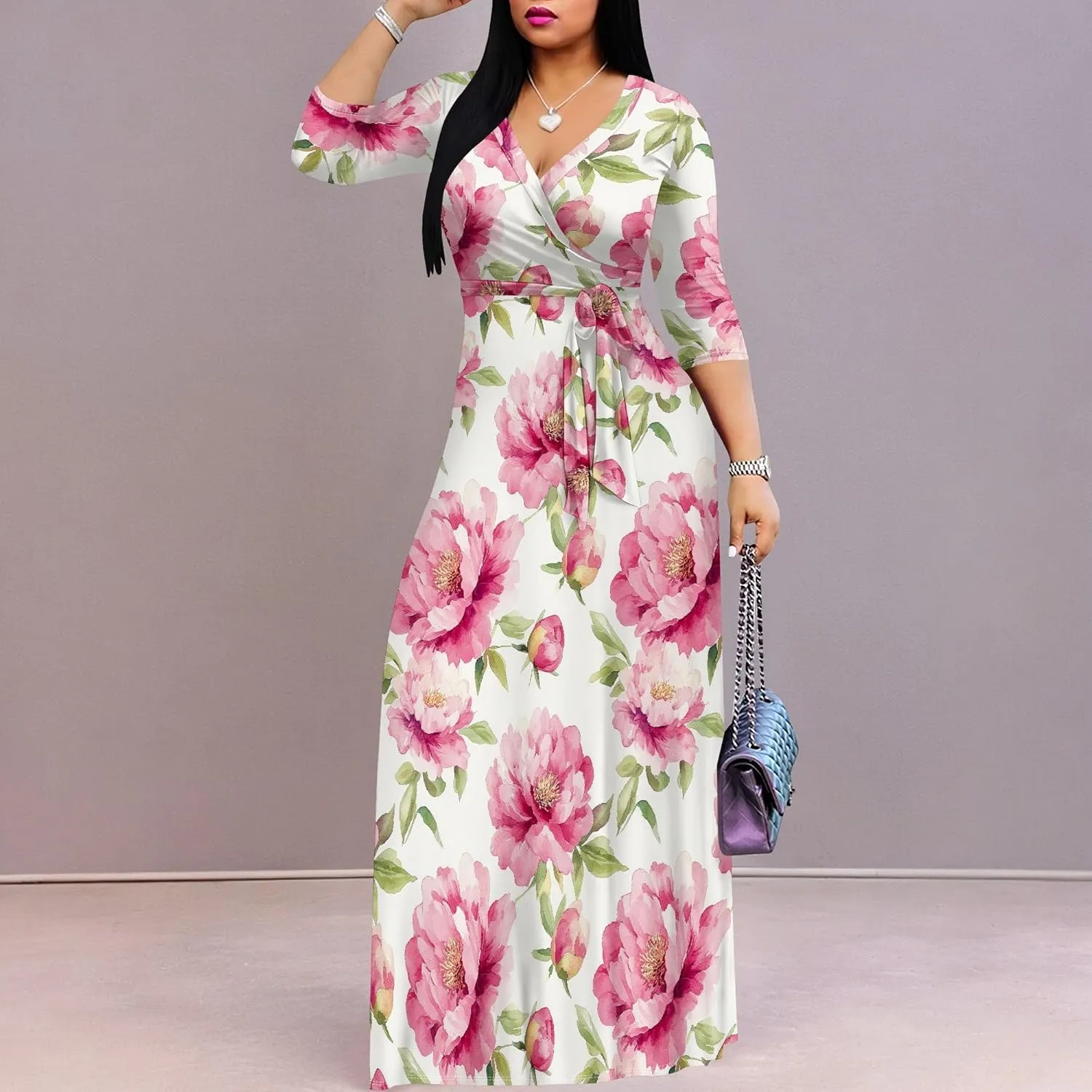 Women's Casual Floral Maxi Dresses V Neck 3/4 Sleeve Tie Waist Dress Summer Dresses for Women 2025