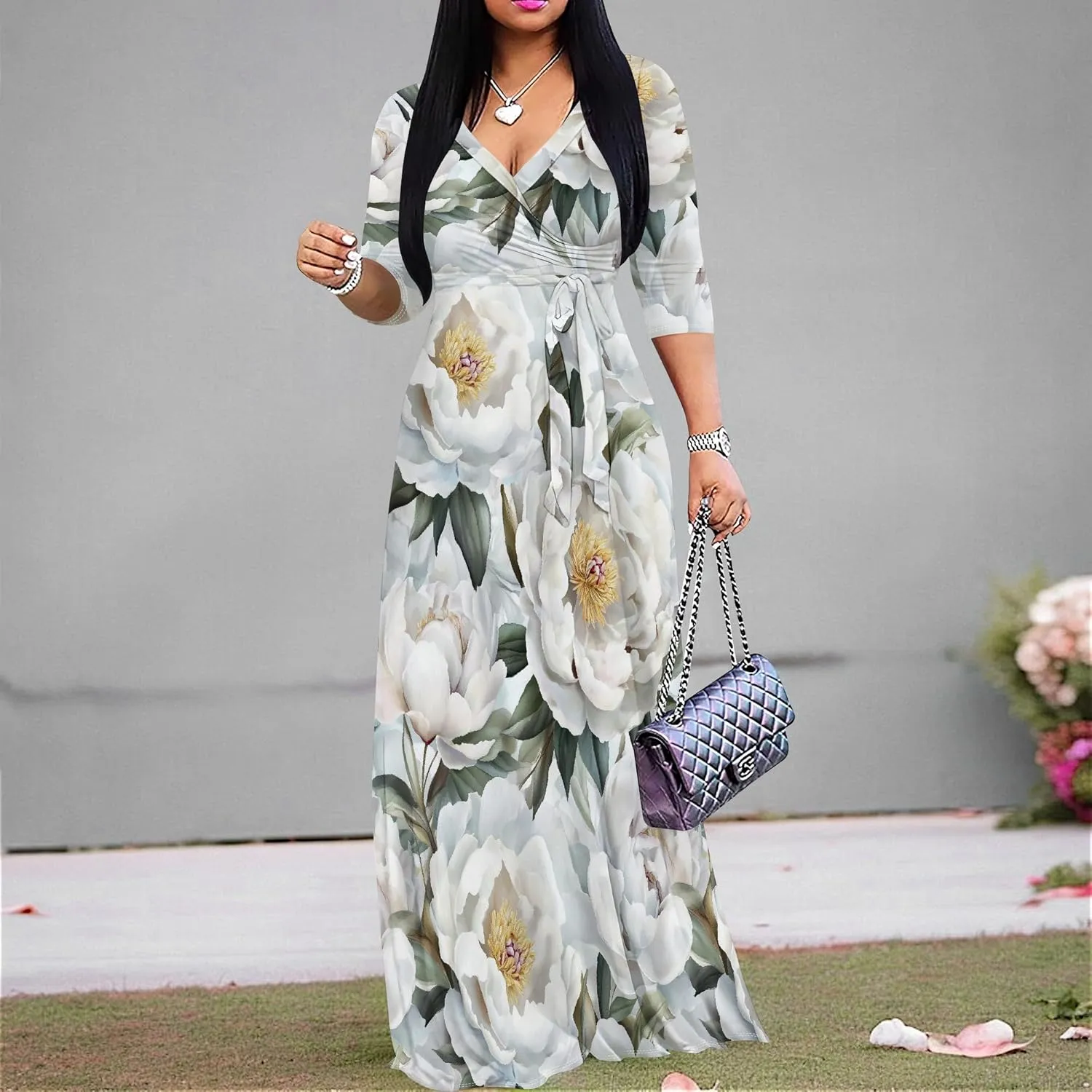 Women's Casual Floral Maxi Dresses V Neck 3/4 Sleeve Tie Waist Dress Summer Dresses for Women 2025