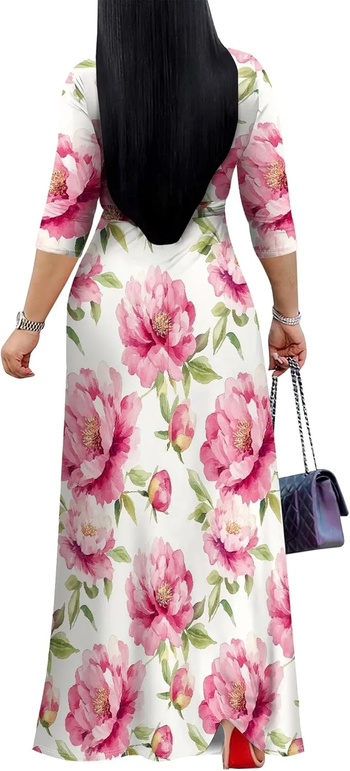 Women's Casual Floral Maxi Dresses V Neck 3/4 Sleeve Tie Waist Dress Summer Dresses for Women 2025