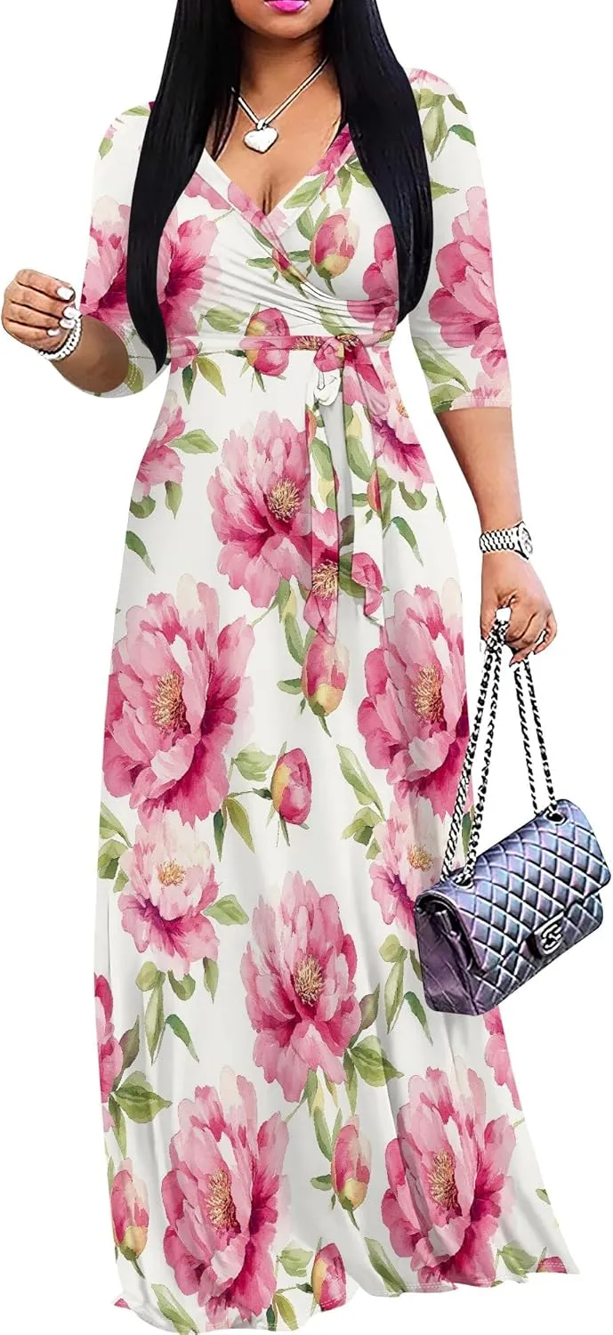 Women's Casual Floral Maxi Dresses V Neck 3/4 Sleeve Tie Waist Dress Summer Dresses for Women 2025