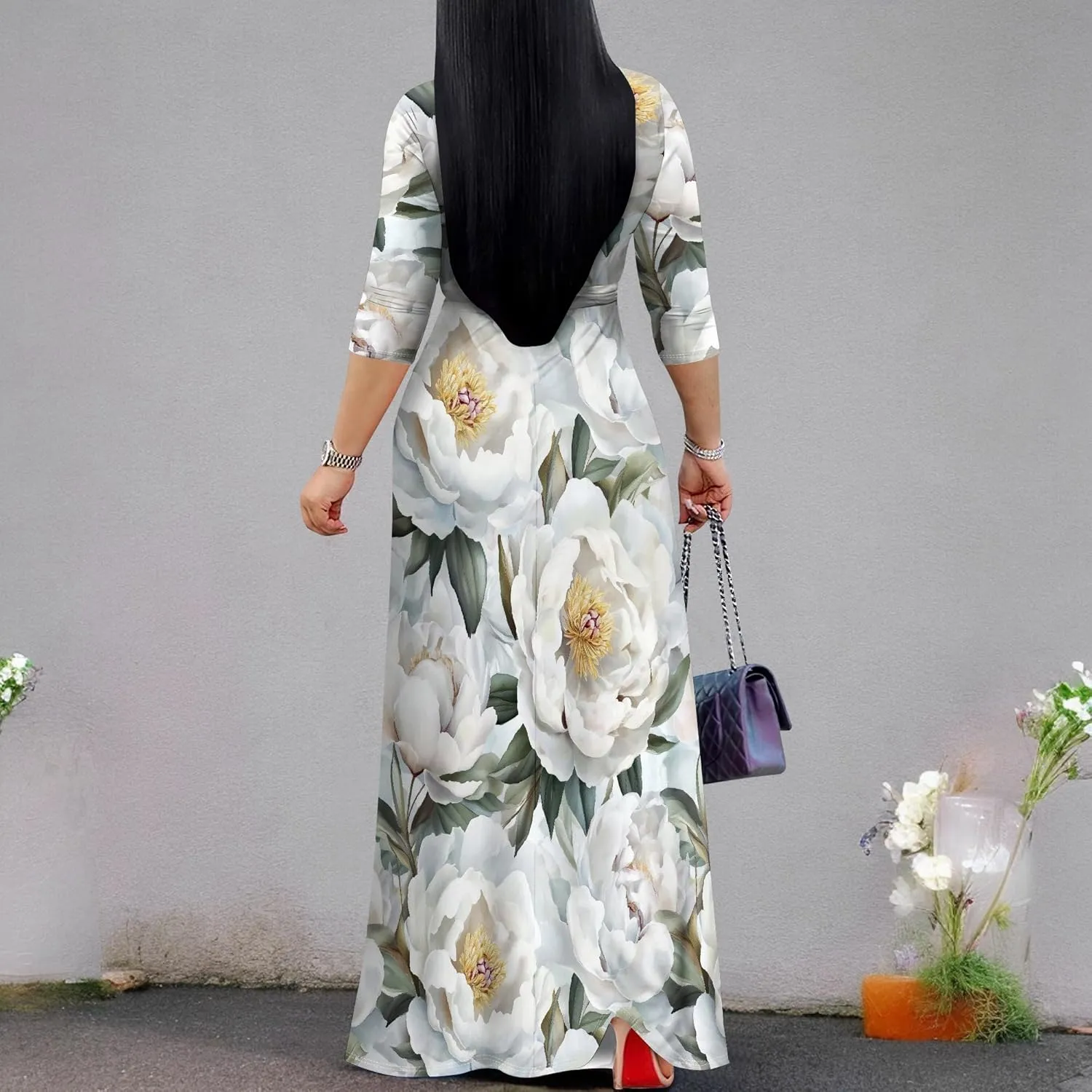 Women's Casual Floral Maxi Dresses V Neck 3/4 Sleeve Tie Waist Dress Summer Dresses for Women 2025