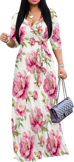 Women's Casual Floral Maxi Dresses V Neck 3/4 Sleeve Tie Waist Dress Summer Dresses for Women 2025