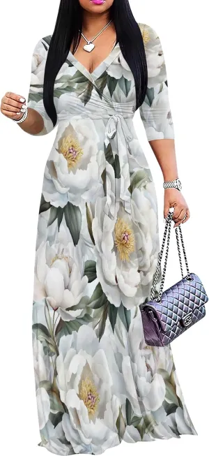 Women's Casual Floral Maxi Dresses V Neck 3/4 Sleeve Tie Waist Dress Summer Dresses for Women 2025