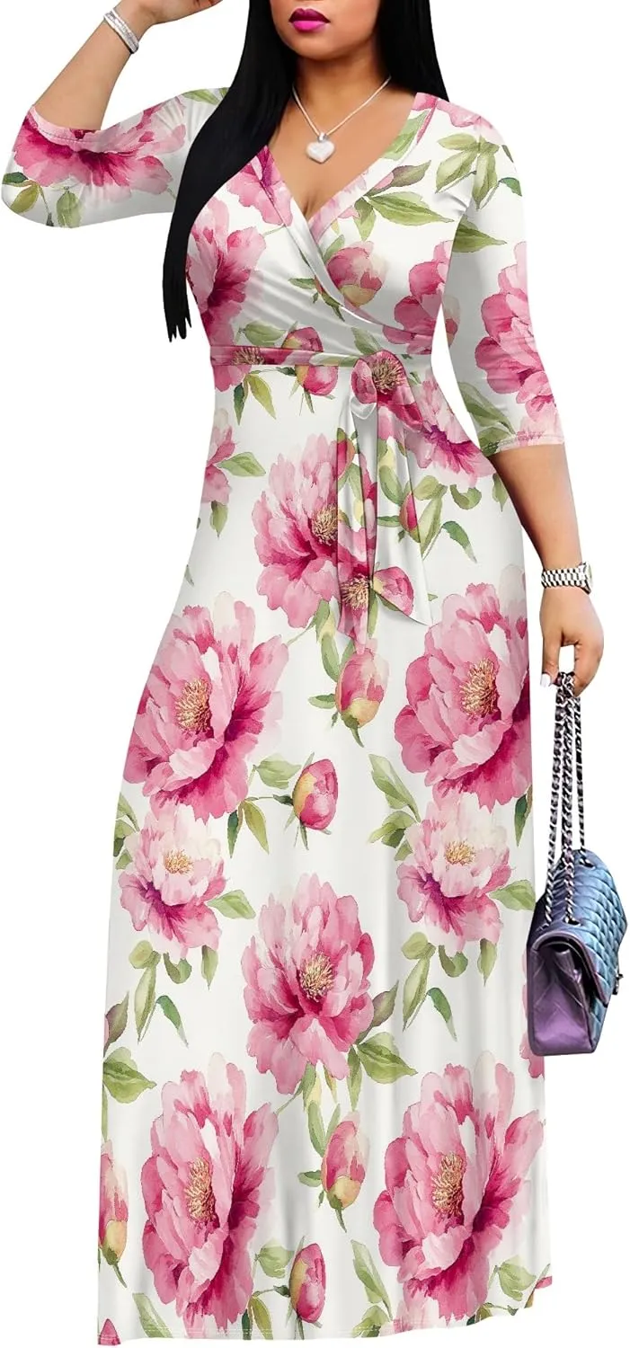 Women's Casual Floral Maxi Dresses V Neck 3/4 Sleeve Tie Waist Dress Summer Dresses for Women 2025