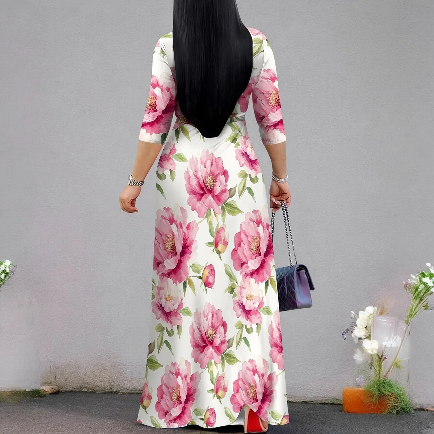 Women's Casual Floral Maxi Dresses V Neck 3/4 Sleeve Tie Waist Dress Summer Dresses for Women 2025