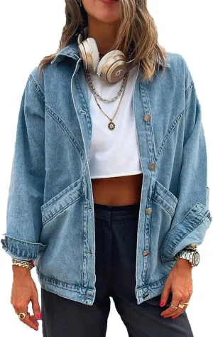 Women's Casual Oversized Button Up Denim Jackets Shacket Long Sleeve Pockets Denim Jean Jacket with Huge Pockets