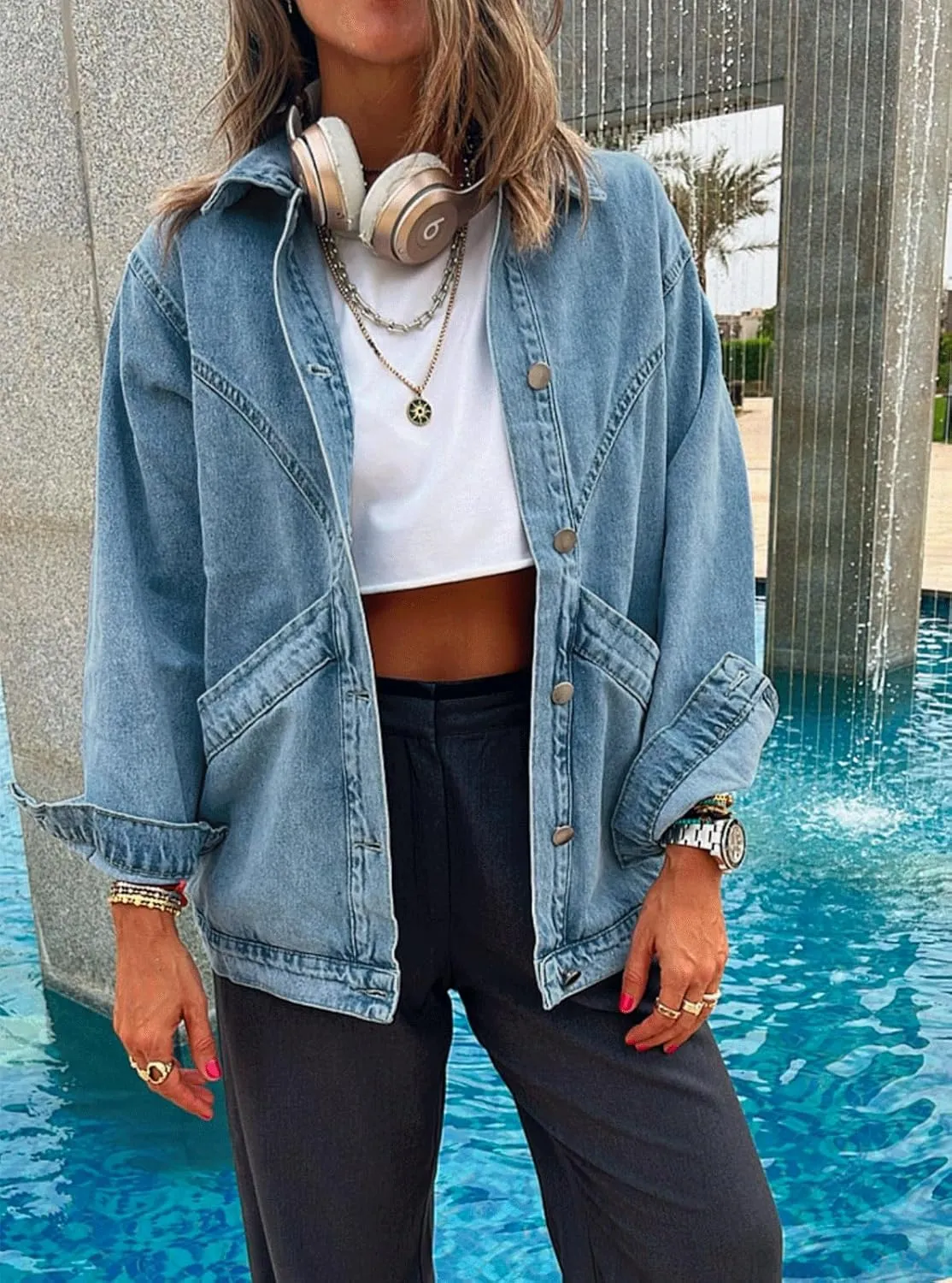 Women's Casual Oversized Button Up Denim Jackets Shacket Long Sleeve Pockets Denim Jean Jacket with Huge Pockets