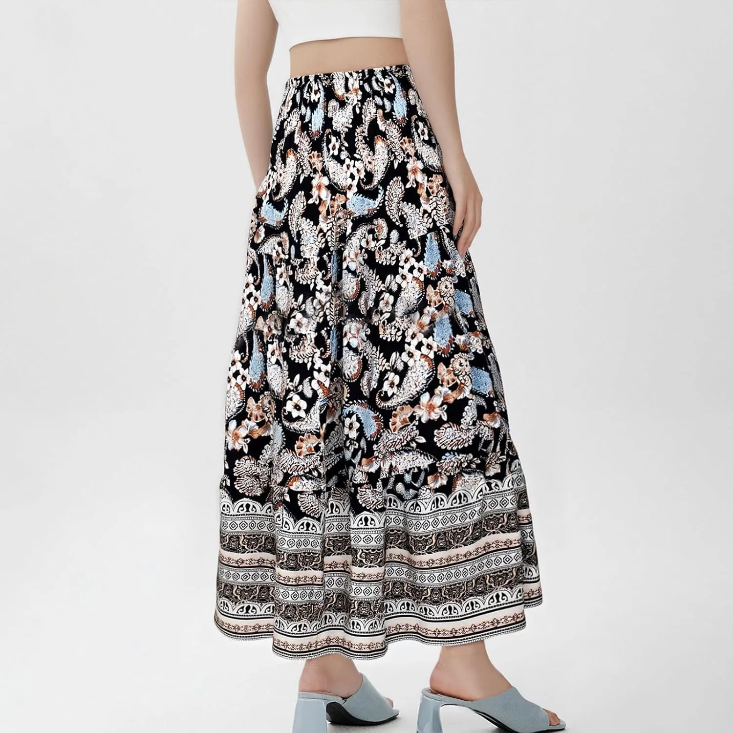 Womens Casual Skirts Summer Boho Flower Swing Skirts High Waisted Tiered Maxi Skirt Beach Holiday Clothes