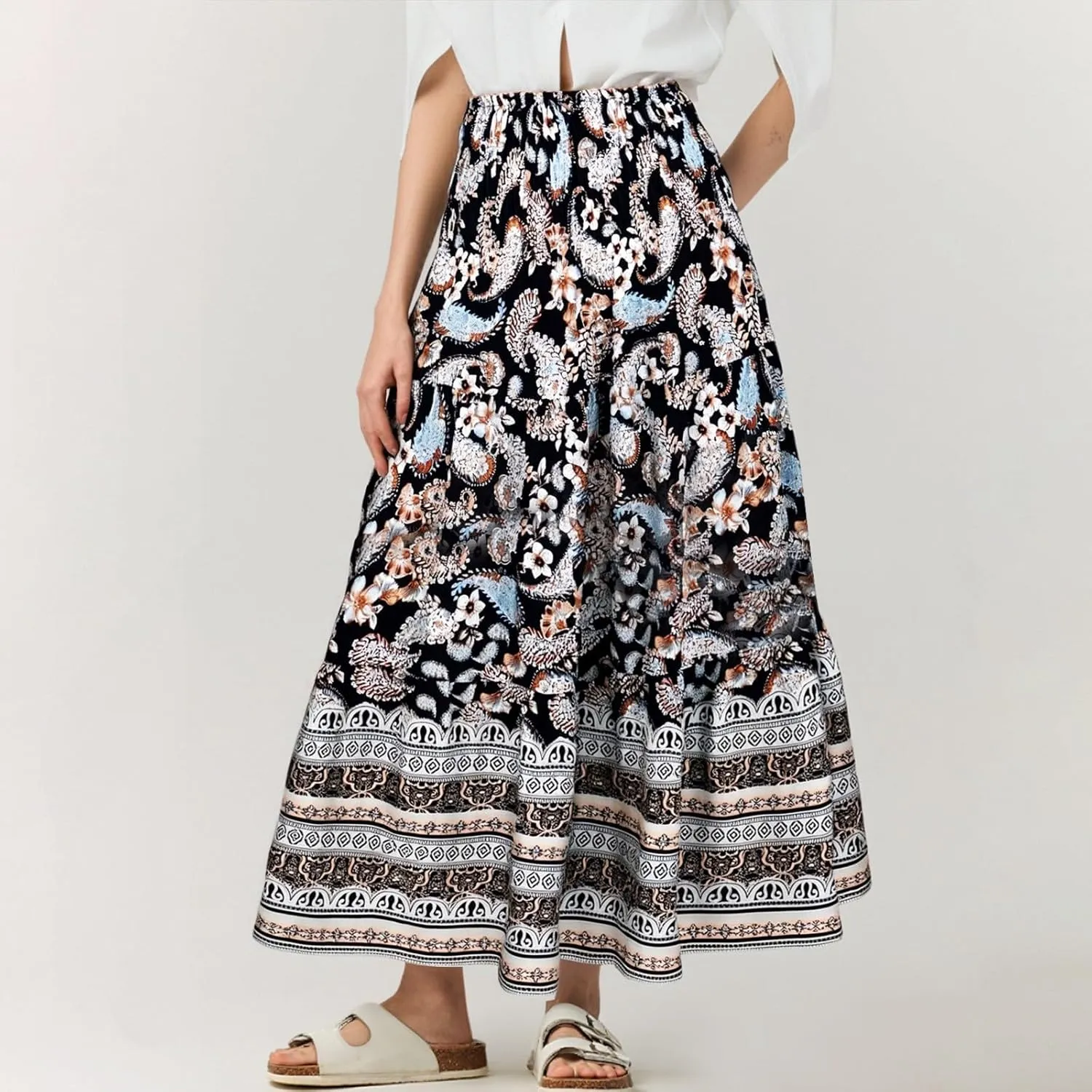 Womens Casual Skirts Summer Boho Flower Swing Skirts High Waisted Tiered Maxi Skirt Beach Holiday Clothes