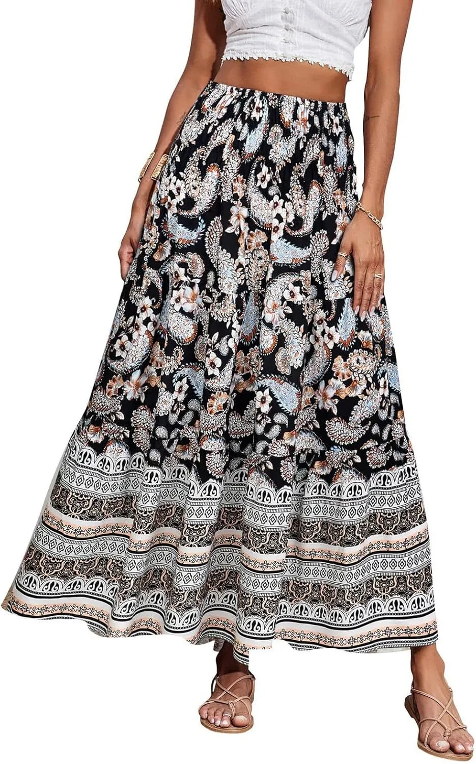 Womens Casual Skirts Summer Boho Flower Swing Skirts High Waisted Tiered Maxi Skirt Beach Holiday Clothes