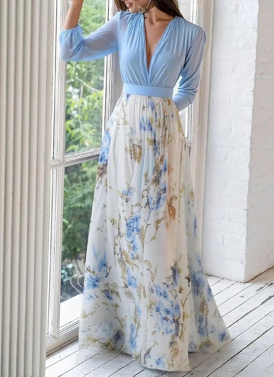 Womens Chiffon Deep V-Neck Stunning Floral Print Maxi Dress Unique Loose Summer Boho Dresses High Waiste
