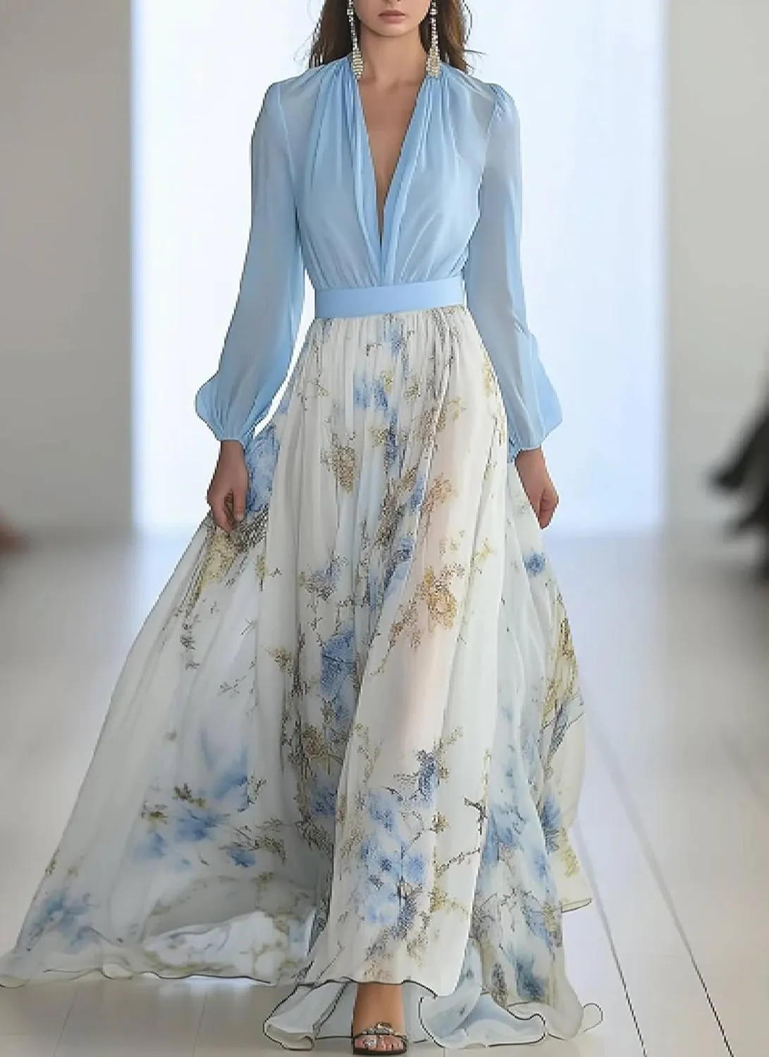 Womens Chiffon Deep V-Neck Stunning Floral Print Maxi Dress Unique Loose Summer Boho Dresses High Waiste